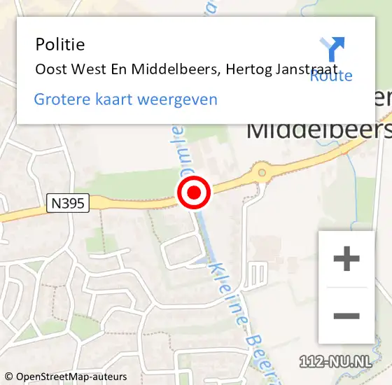 Locatie op kaart van de 112 melding: Politie Oost West En Middelbeers, Hertog Janstraat op 7 oktober 2018 12:06