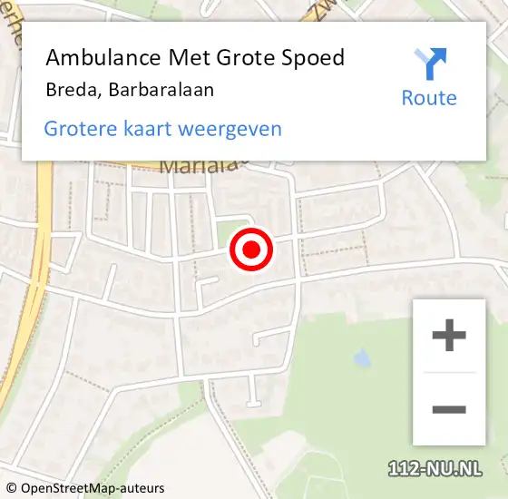 Locatie op kaart van de 112 melding: Ambulance Met Grote Spoed Naar Breda, Barbaralaan op 9 oktober 2018 08:40