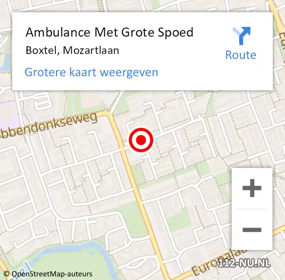 Locatie op kaart van de 112 melding: Ambulance Met Grote Spoed Naar Boxtel, Mozartlaan op 10 oktober 2018 06:46