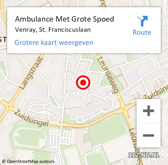 Locatie op kaart van de 112 melding: Ambulance Met Grote Spoed Naar Venray, St. Franciscuslaan op 14 oktober 2018 01:19