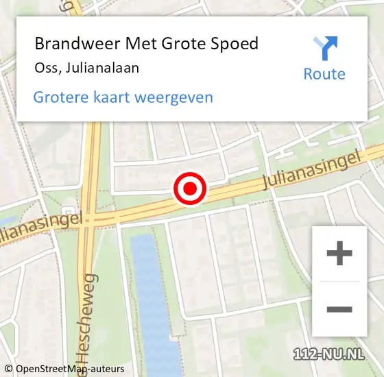 Locatie op kaart van de 112 melding: Brandweer Met Grote Spoed Naar Oss, Julianalaan op 14 oktober 2018 22:24