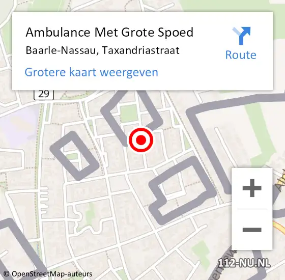 Locatie op kaart van de 112 melding: Ambulance Met Grote Spoed Naar Baarle-Nassau, Taxandriastraat op 15 oktober 2018 15:59