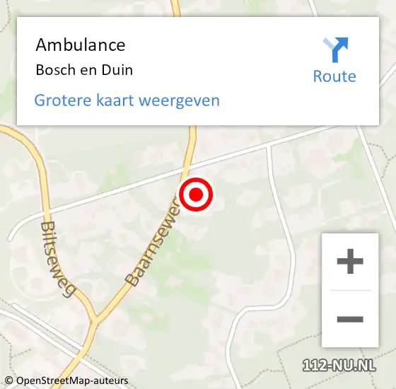 Locatie op kaart van de 112 melding: Ambulance Bosch en Duin op 18 oktober 2018 14:19