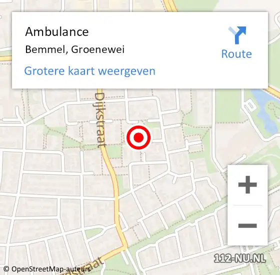 Locatie op kaart van de 112 melding: Ambulance Bemmel, Groenewei op 19 oktober 2018 15:11