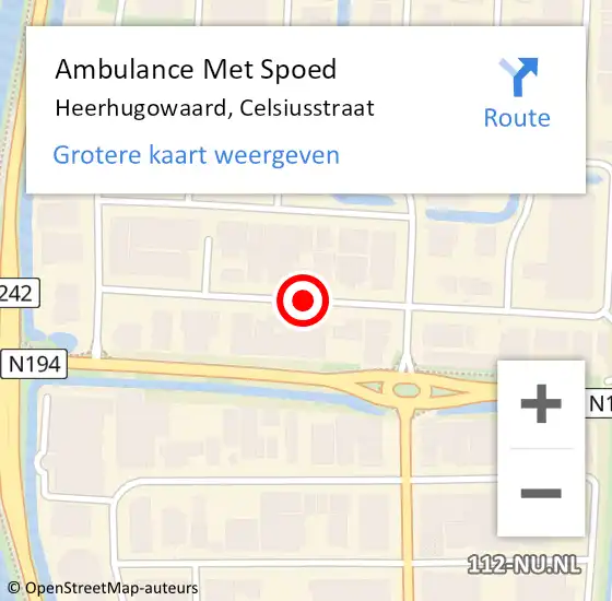 Locatie op kaart van de 112 melding: Ambulance Met Spoed Naar Heerhugowaard, Celsiusstraat op 19 oktober 2018 19:47