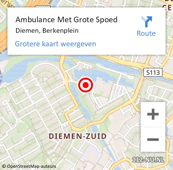 Locatie op kaart van de 112 melding: Ambulance Met Grote Spoed Naar Diemen, Berkenplein op 21 oktober 2018 11:36