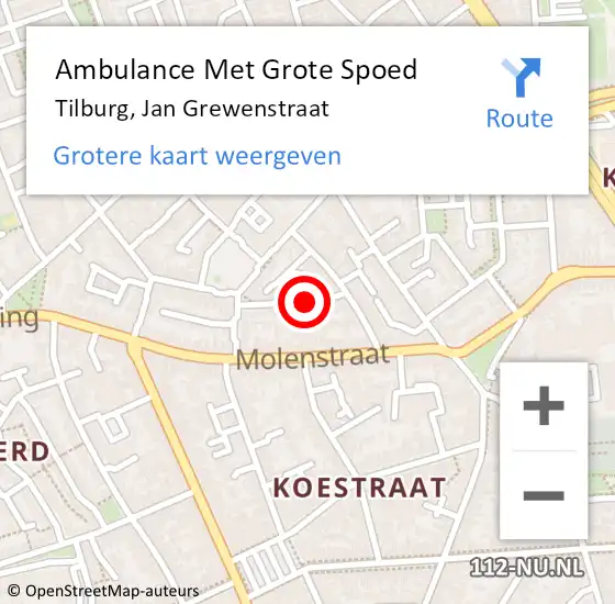 Locatie op kaart van de 112 melding: Ambulance Met Grote Spoed Naar Tilburg, Jan Grewenstraat op 21 oktober 2018 19:42