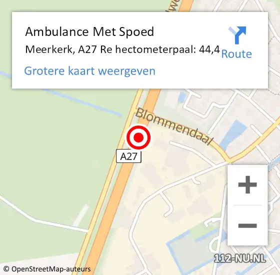 Locatie op kaart van de 112 melding: Ambulance Met Spoed Naar Meerkerk, A27 Re hectometerpaal: 44,4 op 22 oktober 2018 11:08