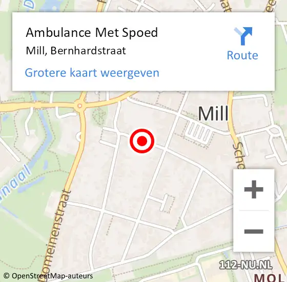 Locatie op kaart van de 112 melding: Ambulance Met Spoed Naar Mill, Bernhardstraat op 22 oktober 2018 18:28