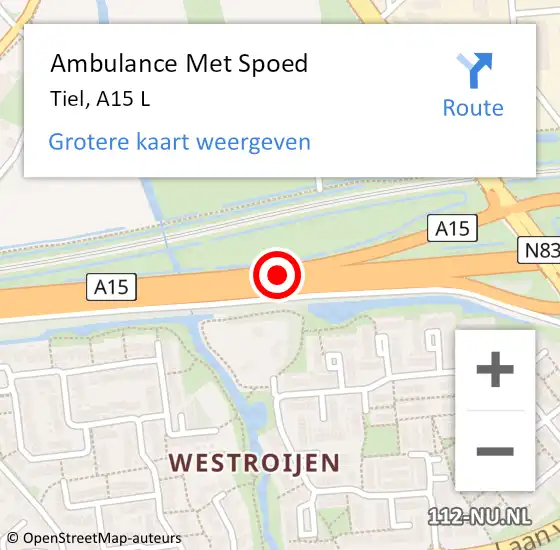 Locatie op kaart van de 112 melding: Ambulance Met Spoed Naar Tiel, A15 L op 23 oktober 2018 02:54