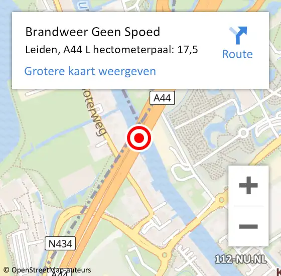 Locatie op kaart van de 112 melding: Brandweer Geen Spoed Naar Leiden, A44 L hectometerpaal: 18,8 op 25 oktober 2018 20:13