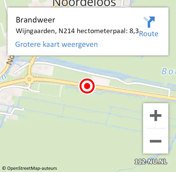 Locatie op kaart van de 112 melding: Brandweer Wijngaarden, N214 hectometerpaal: 8,3 op 26 oktober 2018 10:34