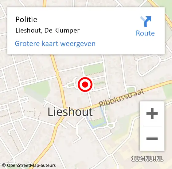 Locatie op kaart van de 112 melding: Politie Lieshout, De Klumper op 26 oktober 2018 18:20