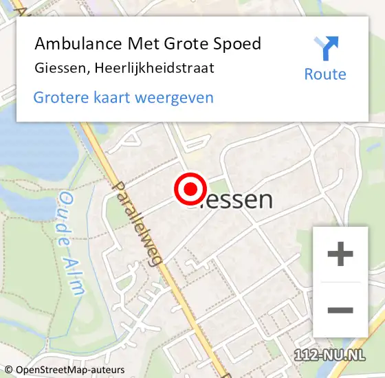 Locatie op kaart van de 112 melding: Ambulance Met Grote Spoed Naar Giessen, Heerlijkheidstraat op 27 oktober 2018 02:28