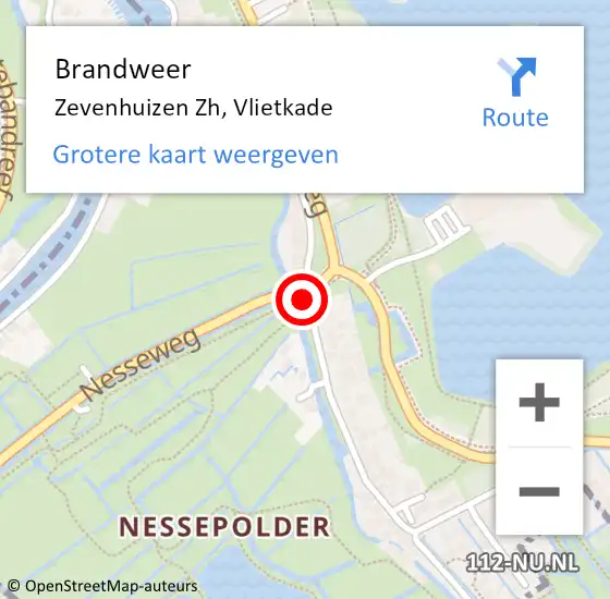 Locatie op kaart van de 112 melding: Brandweer Zevenhuizen Zh, Vlietkade op 28 oktober 2018 11:49