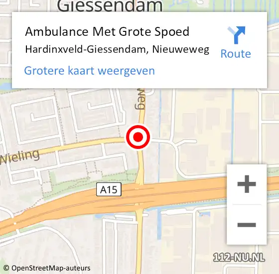 Locatie op kaart van de 112 melding: Ambulance Met Grote Spoed Naar Hardinxveld-Giessendam, Nieuweweg op 28 oktober 2018 22:02