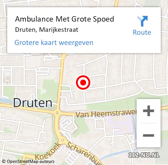 Locatie op kaart van de 112 melding: Ambulance Met Grote Spoed Naar Druten, Marijkestraat op 29 oktober 2018 10:54