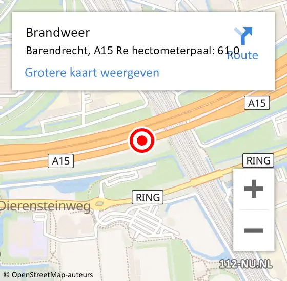 Locatie op kaart van de 112 melding: Brandweer Barendrecht, A15 Re hectometerpaal: 61,0 op 29 oktober 2018 15:57