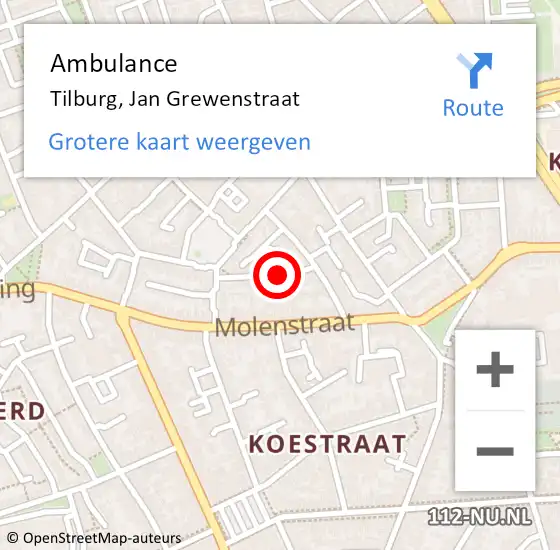 Locatie op kaart van de 112 melding: Ambulance Tilburg, Jan Grewenstraat op 30 oktober 2018 12:04