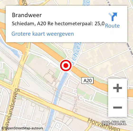 Locatie op kaart van de 112 melding: Brandweer Schiedam, A20 Li hectometerpaal: 23,3 op 30 oktober 2018 22:23