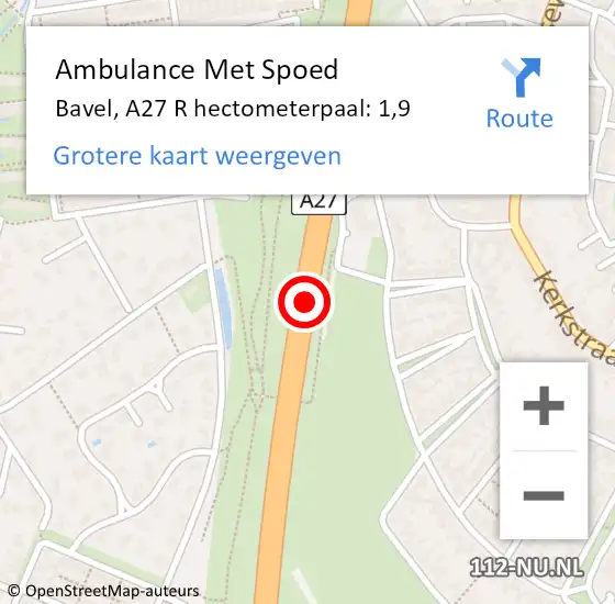 Locatie op kaart van de 112 melding: Ambulance Met Spoed Naar Bavel, A27 Li hectometerpaal: 2,0 op 1 november 2018 15:32