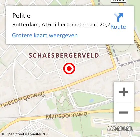 Locatie op kaart van de 112 melding: Politie Rotterdam, A16 Li hectometerpaal: 20,0 op 1 november 2018 15:50
