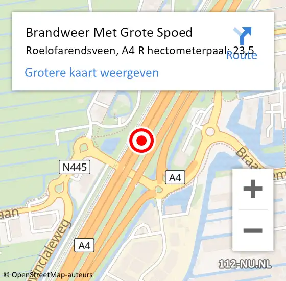 Locatie op kaart van de 112 melding: Brandweer Met Grote Spoed Naar Roelofarendsveen, A4 R hectometerpaal: 23,5 op 1 november 2018 17:48
