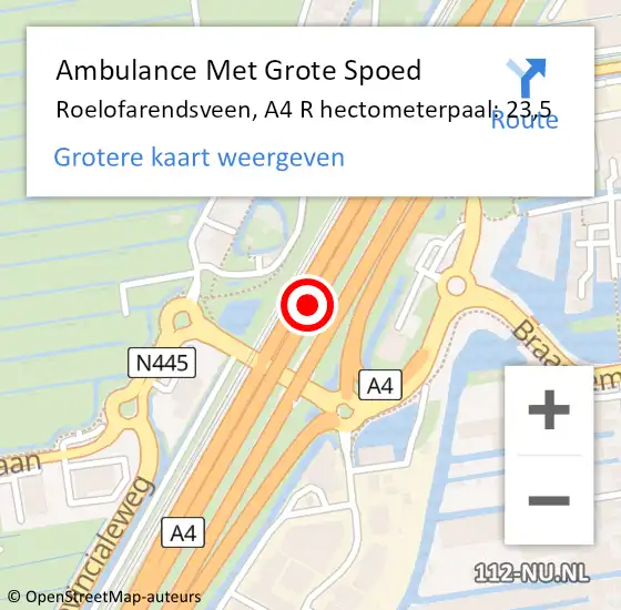 Locatie op kaart van de 112 melding: Ambulance Met Grote Spoed Naar Roelofarendsveen, A4 R hectometerpaal: 23,5 op 1 november 2018 17:56
