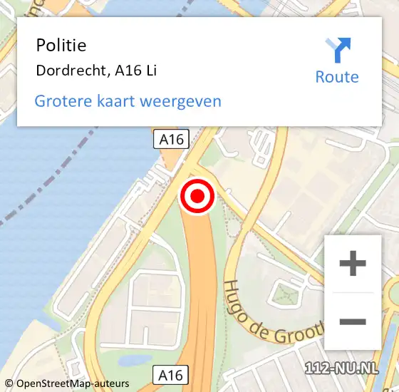 Locatie op kaart van de 112 melding: Politie Dordrecht, A16 Li op 3 november 2018 14:30