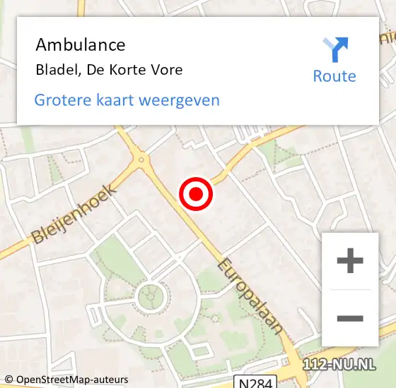 Locatie op kaart van de 112 melding: Ambulance Bladel, De Korte Vore op 4 november 2018 12:53