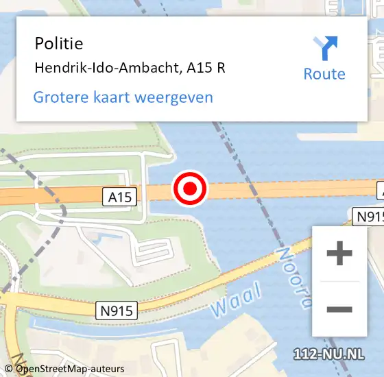 Locatie op kaart van de 112 melding: Politie Hendrik-Ido-Ambacht, A15 L hectometerpaal: 73,7 op 6 november 2018 12:00