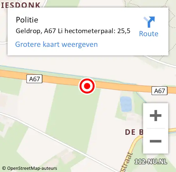 Locatie op kaart van de 112 melding: Politie Geldrop, A67 Li hectometerpaal: 27,7 op 6 november 2018 18:00