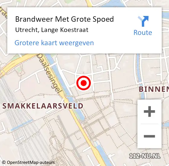 Locatie op kaart van de 112 melding: Brandweer Met Grote Spoed Naar Utrecht, Lange Koestraat op 9 november 2018 09:03