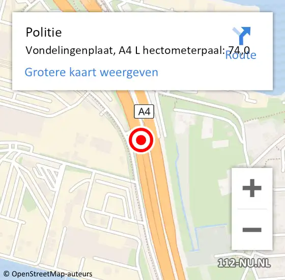 Locatie op kaart van de 112 melding: Politie Vondelingenplaat, A4 L op 9 november 2018 11:55