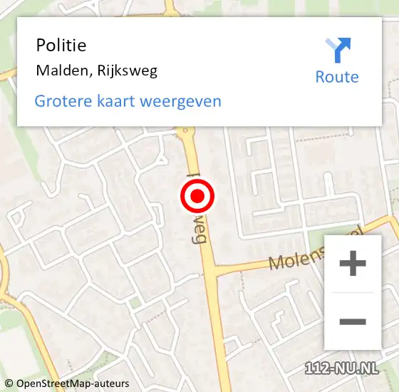 Locatie op kaart van de 112 melding: Politie Malden, Rijksweg op 9 november 2018 19:12