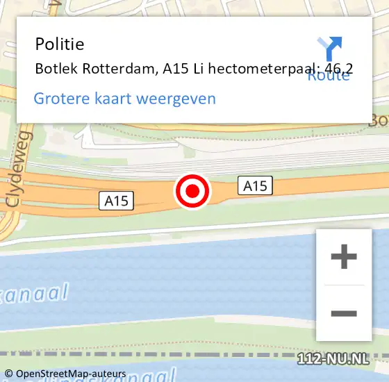Locatie op kaart van de 112 melding: Politie Botlek Rotterdam, A15 Re hectometerpaal: 39,5 op 10 november 2018 10:01