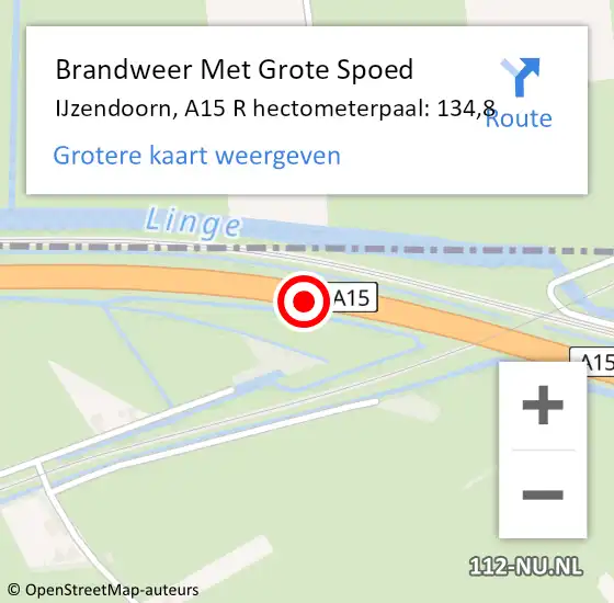 Locatie op kaart van de 112 melding: Brandweer Met Grote Spoed Naar IJzendoorn, A15 R hectometerpaal: 137,9 op 10 november 2018 19:54