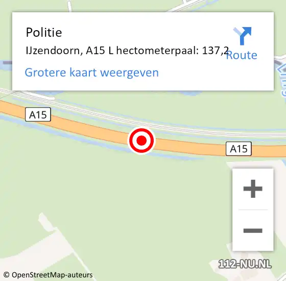Locatie op kaart van de 112 melding: Politie IJzendoorn, A15 R op 10 november 2018 19:59