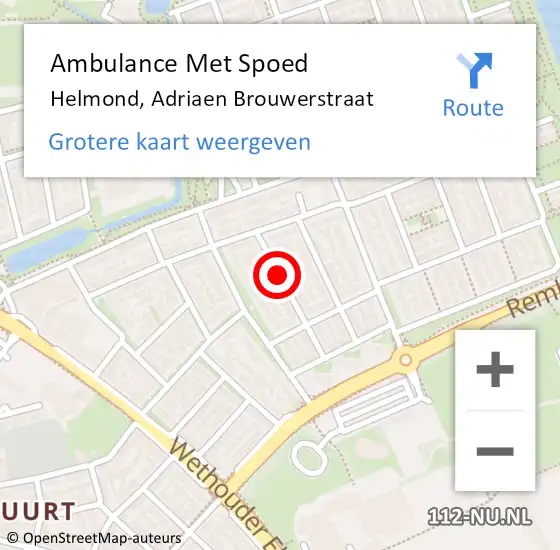 Locatie op kaart van de 112 melding: Ambulance Met Spoed Naar Helmond, Adriaen Brouwerstraat op 11 november 2018 23:44