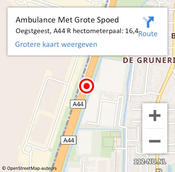 Locatie op kaart van de 112 melding: Ambulance Met Grote Spoed Naar Oegstgeest, A44 R hectometerpaal: 16,4 op 12 november 2018 06:58
