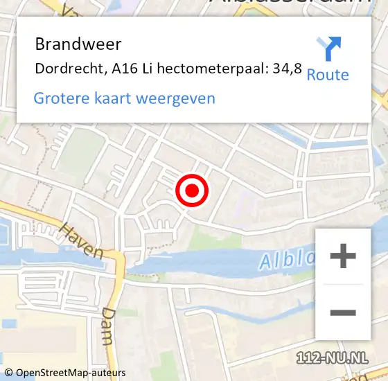 Locatie op kaart van de 112 melding: Brandweer Dordrecht, A16 Li hectometerpaal: 34,8 op 12 november 2018 21:38