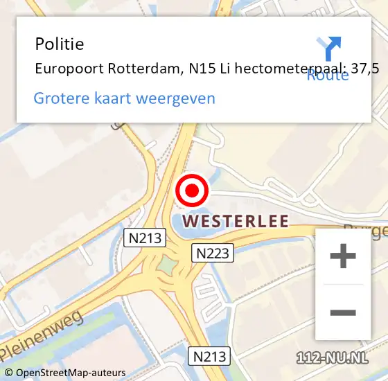 Locatie op kaart van de 112 melding: Politie Europoort Rotterdam, N15 Li hectometerpaal: 37,5 op 14 november 2018 01:30