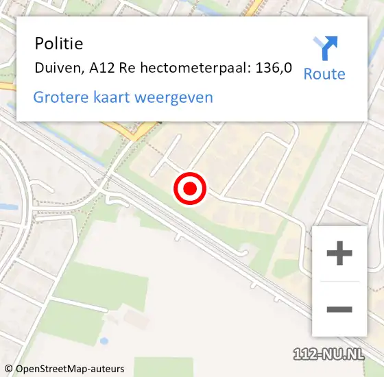 Locatie op kaart van de 112 melding: Politie Duiven, A12 Re op 14 november 2018 05:56