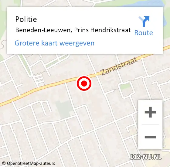 Locatie op kaart van de 112 melding: Politie Beneden-Leeuwen, Prins Hendrikstraat op 14 maart 2014 19:01