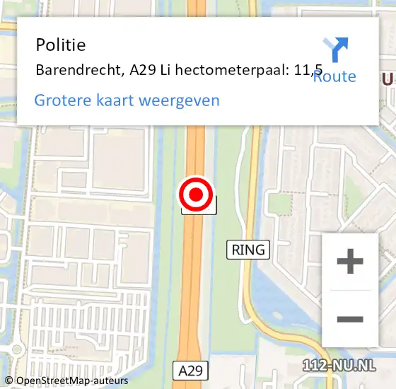Locatie op kaart van de 112 melding: Politie Barendrecht, A29 Li hectometerpaal: 11,0 op 17 november 2018 08:47
