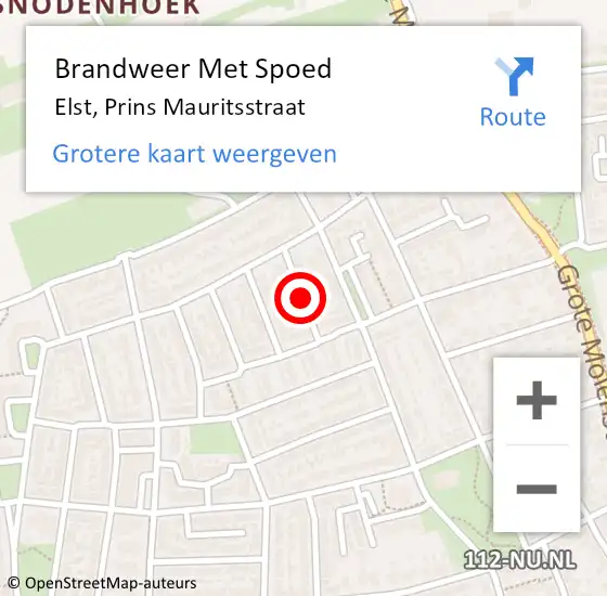 Locatie op kaart van de 112 melding: Brandweer Met Spoed Naar Elst, Prins Mauritsstraat op 18 november 2018 07:12