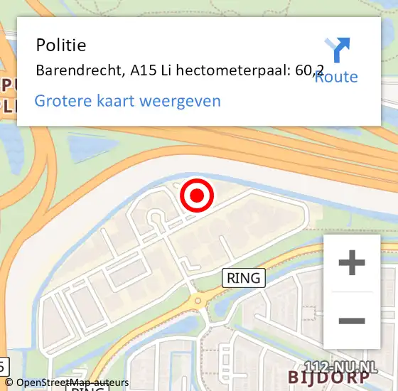 Locatie op kaart van de 112 melding: Politie Barendrecht, A15 Li hectometerpaal: 60,2 op 19 november 2018 13:06