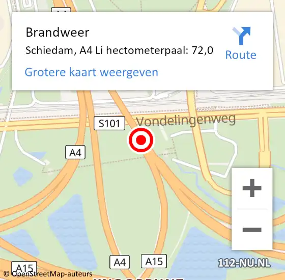Locatie op kaart van de 112 melding: Brandweer Schiedam, A4 Li hectometerpaal: 72,0 op 19 november 2018 14:50