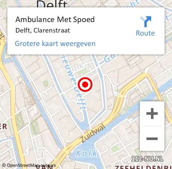 Locatie op kaart van de 112 melding: Ambulance Met Spoed Naar Delft, Clarenstraat op 20 november 2018 11:39