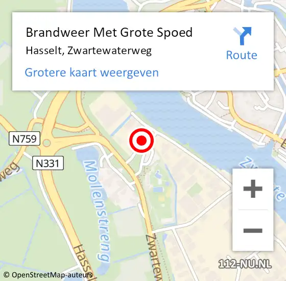 Locatie op kaart van de 112 melding: Brandweer Met Grote Spoed Naar Hasselt, Zwartewaterweg op 20 november 2018 18:04